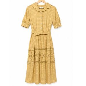 VTG Handmade 70s Gingham Embroidered Midi Dress w/ Belt Cottagecore Prairie Boho
